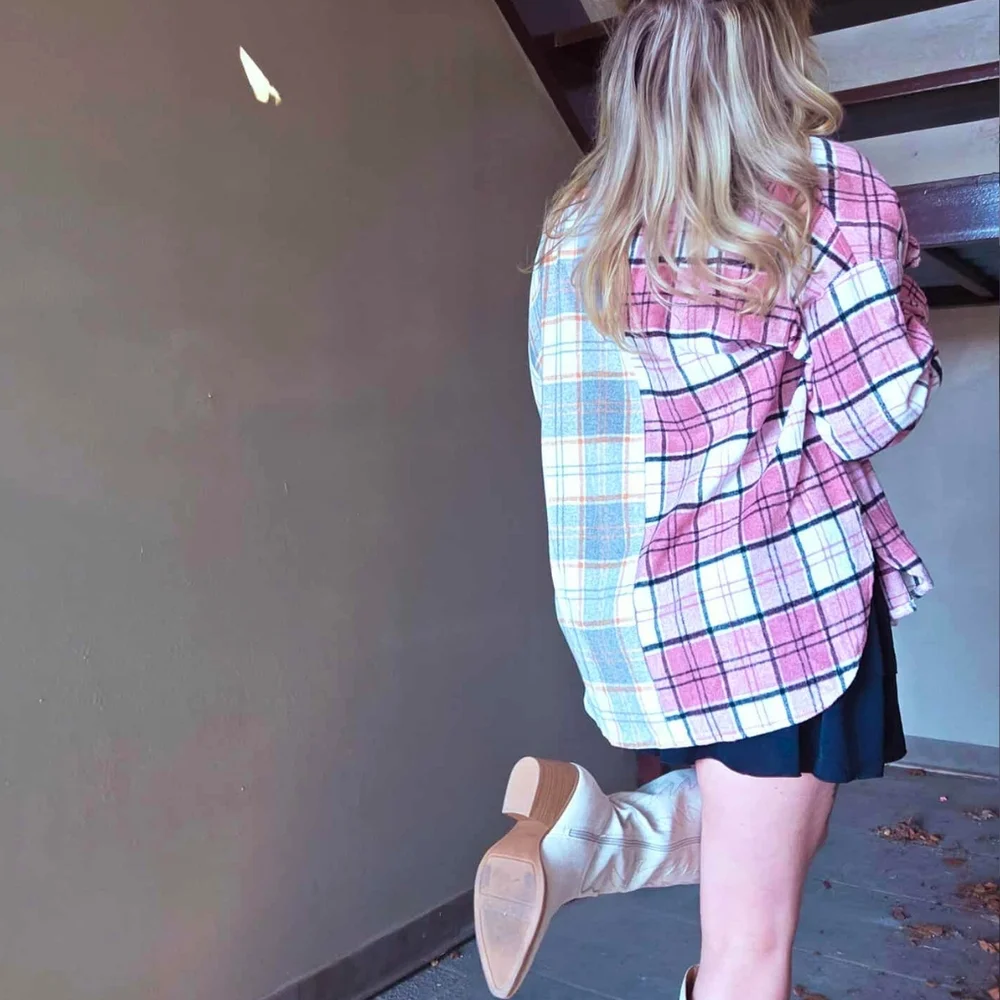 Pink And Gray Color Block Plaid Shacket - Picture 4 of 8